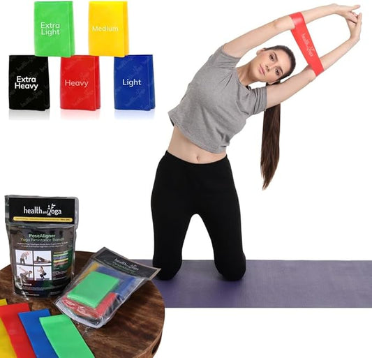 HealthAndYoga™ PoseAligner Exercise Resistance Bands - Pack of 5 Different Stretchable Thick Elastics - Suits all Fitness Levels - Men & Women - Corrects Body/Yoga Postures - Improves Muscle Strength