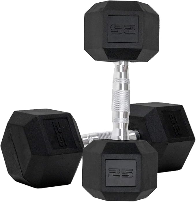 Dumbbells Set of 2 Hex Rubber Encased Dumbbells, Weights Dumbbells Set with Metal Handle for Exercise and Fitness (25 lb, Pair)