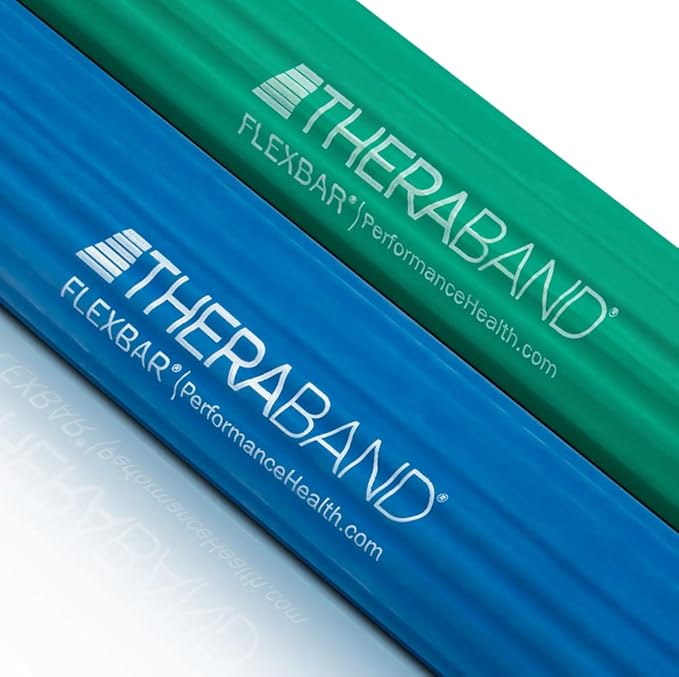 THERABAND FlexBar, Tennis Elbow Therapy Bar, Relieve Tendonitis Pain And Improve Grip Strength, Resistance Bar For Golfers Elbow And Tendinitis, Medium-Heavy, 2- Pack, GREEN/BLUE