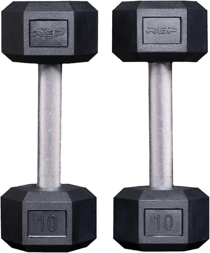 Rep Fitness Rubber Hex Dumbbell(s) - Singles (55LB +) and Pairs (5LB - 50LB) - Low Odor, Fully Knurled Handle