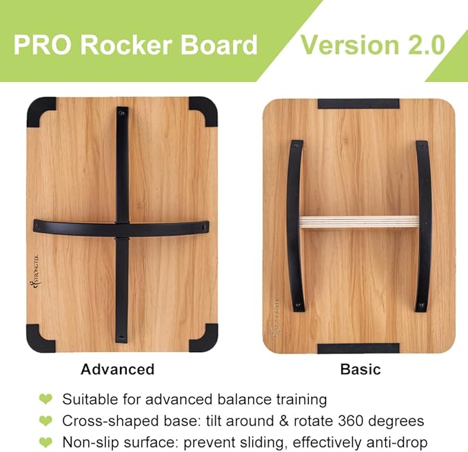 StrongTek Professional Wooden Balance Board, Rocker Board, Wood Standing Desk Accessory, Balancing Board for Under Desk, Anti Slip Roller, Core Strength, Stability, Office Wobble Boards