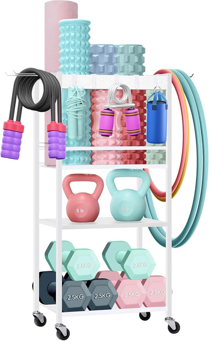 Home Gym Storage Rack, Yoga Mat Storage Racks, Workout Equipment Storage Organizer for Yoga Ball Dumbbell Kettlebells Foam Roller Resistance Bands, Exercise Shelf with Hooks and Wheels