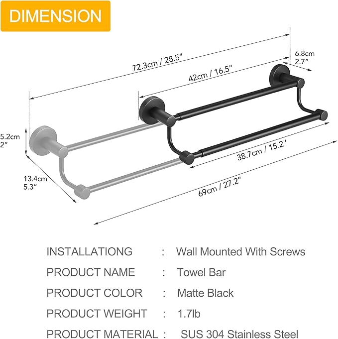 BESy Adjustable 16.5-28.5 Inches Double Bath Towel Bar for Bathroom SUS304 Stainless Steel Towel Holder, Hotel Style Wall Mount with Screws Hand Towel Bar，Towel Rack Rod Hanger, Matte Black Finish