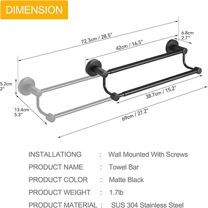 BESy Adjustable 16.5-28.5 Inches Double Bath Towel Bar for Bathroom SUS304 Stainless Steel Towel Holder, Hotel Style Wall Mount with Screws Hand Towel Bar，Towel Rack Rod Hanger, Matte Black Finish