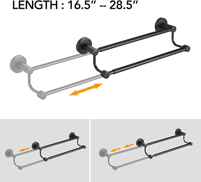 BESy Adjustable 16.5-28.5 Inches Double Bath Towel Bar for Bathroom SUS304 Stainless Steel Towel Holder, Hotel Style Wall Mount with Screws Hand Towel Bar，Towel Rack Rod Hanger, Matte Black Finish