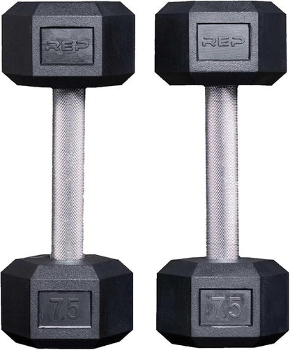 Rep Fitness Rubber Hex Dumbbell(s) - Singles (55LB +) and Pairs (5LB - 50LB) - Low Odor, Fully Knurled Handle