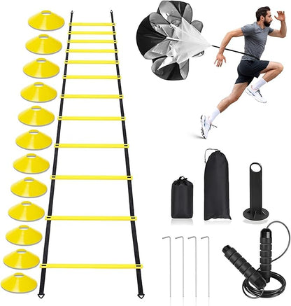 Agility Ladder,Speed Training Equipment Set,20ft Rungs Speed Ladder,Soccer Cones,Jump Rope, Running Resistance Umbrella,Basketball Equipment Football Fitness Training Equipment for Kids Youth Adults