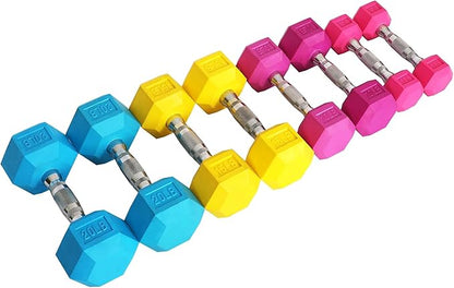 Signature Fitness Colored Rubber Encased Hex Dumbbell 5, 10, 10, 15, 15, 20LB 20LB Pairs