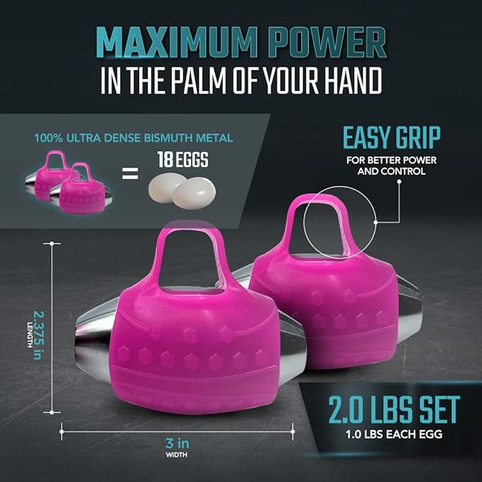 Egg Weights Cardio Mini 2.0 lbs. Set Ultra-Dense Stainless Steel Hand Weights With Anti-Slip Finger Loop for Yoga, Fitness Training for Men and Women - 2 Eggs, 1.0 lbs each + Free E-Book Workout Guide