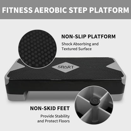 SPART Adjustable Workout Aerobic Stepper, Aerobic Exercise Step Platform with 4 Risers, 3 Levels Adjust 4" - 6" - 8", 26.77" Trainer Stepper with Non-Slip Surface for Home Gym Extra Risers