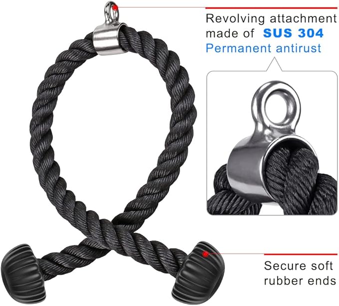 SELEWARE Tricep Rope W/Rubber Ends Cable Machine Attachments 28”/36” Universal