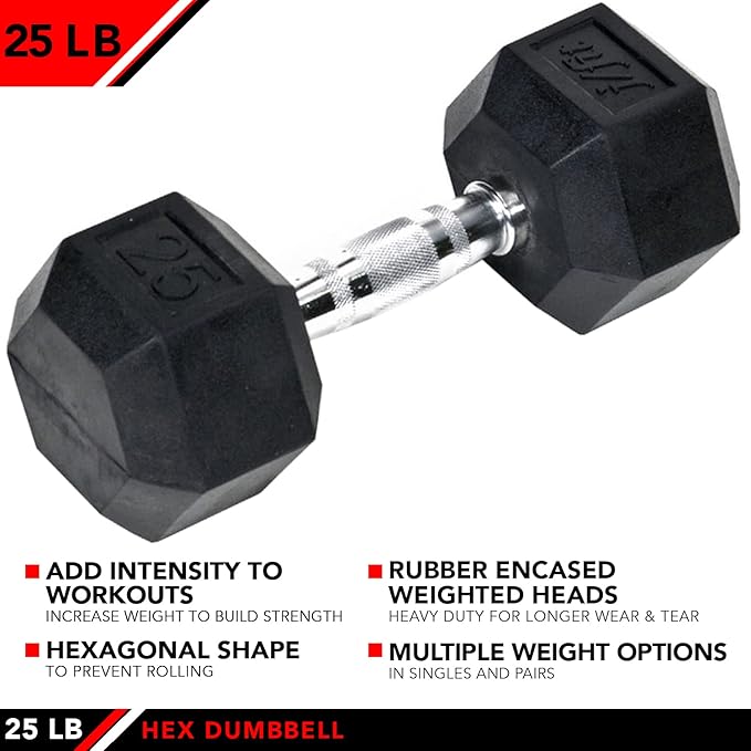 JFIT Rubber Hex Dumbbell - 15 Size, Single and Pair Options, 4-50lbs - Shaped Heads Prevent Rolling and Injury - Ergonomic Hand Weights for Exercise, Therapy, Muscle, Strength and Weight Training