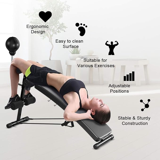 Sit up Bench- SPORFIT Adjustable Decline Bench for Full Body Exercise, Foldable Ab Bench Press with Speed Ball for Home Gym & body workout, Black