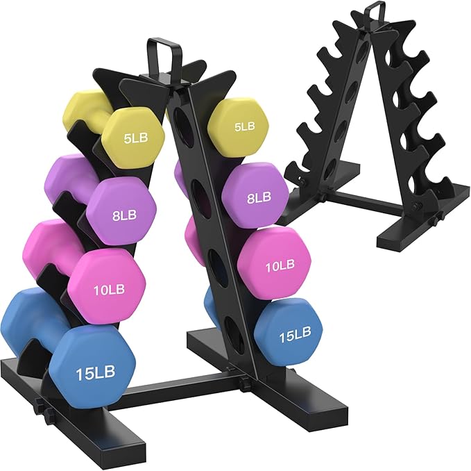 TomCare 4 Tier Dumbbell Rack Stand Only, Weight Rack for Dumbbell Set (1-15 LB) Home Gym Storage Rack for Weights Metal A-Frame Strength Training Dumbbell Racks with Handle (Dumbbells not Included)