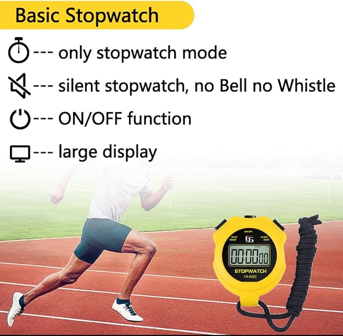 Digital Stopwatch Timer Only Stopwatch with On/Off, No Clock No Date No Countdown Silent Easy Use, Basic Sport Stopwatch for Kids Coaches Running Swimming, Yellow