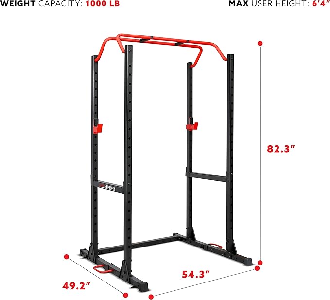 Sunny Health & Fitness Power and Squat Rack with High Weight Capacity Optional Olympic Weight Plate Storage, 360° Swivel Landmine, Power Band Attachment