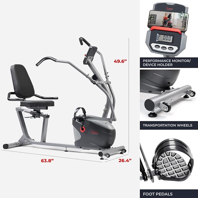 Sunny Health & Fitness Compact Performance Recumbent Bike with Dual Motion Arm Exercisers, Quick Adjust Seat & Optional Exclusive SunnyFit App Enhanced Bluetooth Connectivity