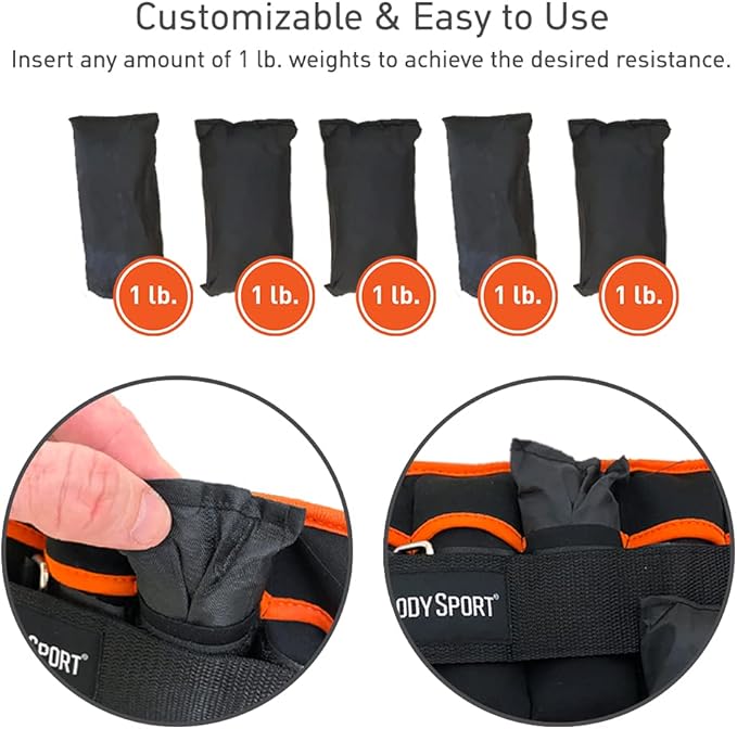 Body Sport Adjustable Ankle Weights, 1 lb.–5 lb. – Customizable Ankle and Wrist Weight Sets for Men, Women, and Kids – Workout Aid for Added Resistance – Weight Set for Walking, Running,