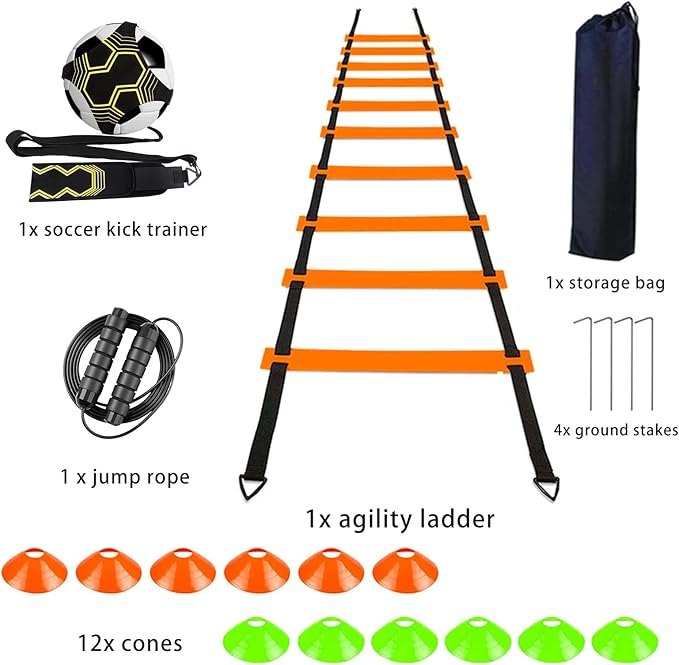 Soccer Agility Training Equipment Set, Soccer Accessories 20Ft Agility Ladder, 12 Cones, Solo Soccer Trainer, Jump Rope Speed Training Equipment Gifts for Boy