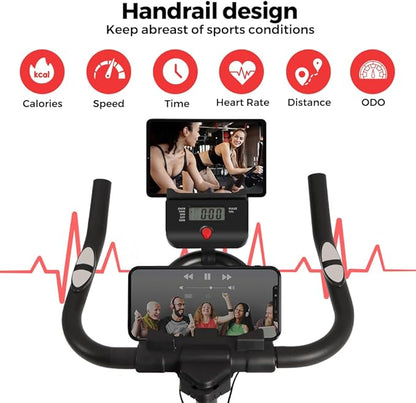 Panana Exercise Bike Indoor Cycling Cycle Bike Stationary for Home Gym Use with Silent Flywheel, LCD Display, Heart Rate Sensor, Phone Tablet Bottle Holders, Adjustable Height Training Cardio Workout