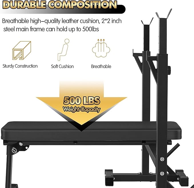 Bench Press, CANPA Olympic Weight Bench with Squat Rack Workout Bench Adjustable Barbell Rack Stand Strength Training Home Gym Multi-Function