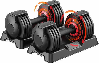 SKOK 25/55 lbs Pair Adjustable Dumbbells Set, Adjustable Weights Dumbbells Set for Men and Women with Anti-Slip Fast Adjust Weight by Turning Handle,Black Dumbbell with Tray