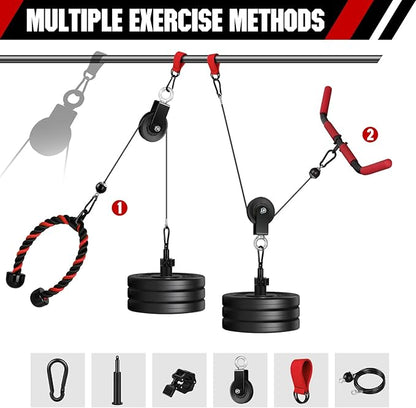 Fitness LAT and Lift Pulley System Gym - Upgraded LAT Pull Down Cable Machine Attachments, Loading Pin, Handle and Tricep Rope, for Biceps Curl, Forearm, Triceps Exercise Gym Equipment