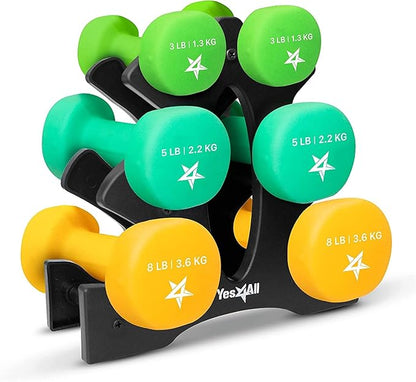 Yes4All Neoprene Coated Dumbbell Hand Weight Sets - Multiple Weight Options with Rack, Anti-roll, Anti-Slip, Hexagon Shape