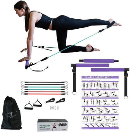 Pilates Bar Kit with Resistance Bands – Pilates Equipment with Pilates Bar, Elastic Bands for Exercise, Foot Straps, Handles, Carry Bag – Travel Friendly at Home Gym Equipment