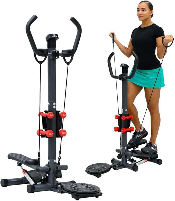 Multi-Function Mini Stepper 300+ lb capacity - Exercise Stepper Machine with Adjustable Twist Table, Dumbbells, and LCD Monitor - Mini Stair Steppers for Exercise at Home with Handle Bar