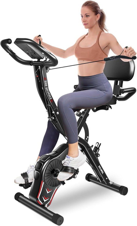 Folding Exercise Bike, 5-in-1 Foldable Stationary Bike Upgraded 16-Level Magnetic Resistance 10DB Near-Silent Bike Upright Indoor Cycling Bike with 350LB Capacity