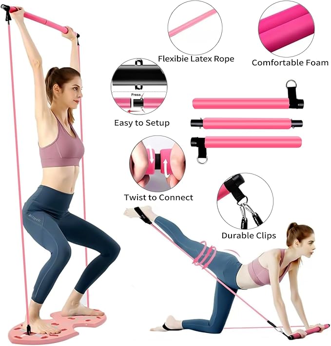 LALAHIGH Portable Home Gym System for Men and Women:Push Up Board, Pilates Bar & 20 Fitness Accessories with Resistance Bands and Ab Roller Wheel-Professional Strength Training Exercise