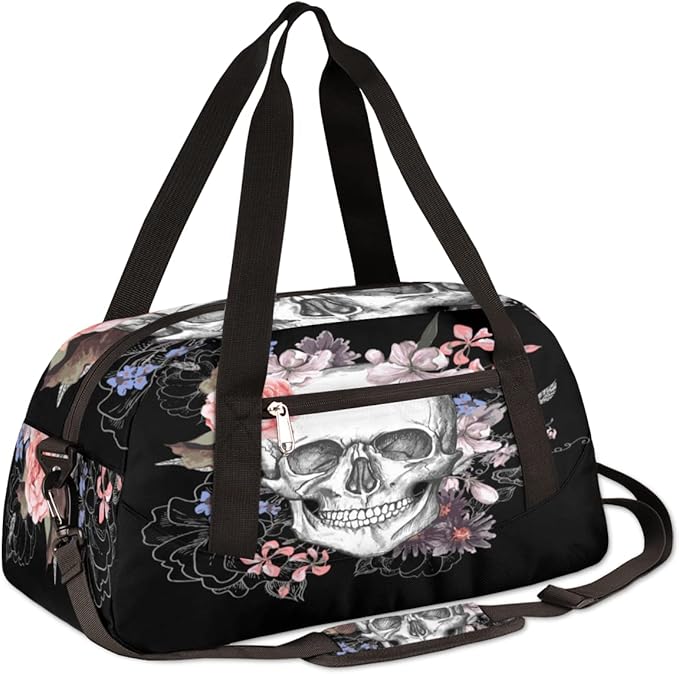 Sugar Skull Flower Halloween Gym Bag for Women Men, Small Travel Duffel Bag for Sports Getaway Overnight Bag Lightweight Weekender Bags Workout Bag Dance Bag for Boys Girls Kids Teens