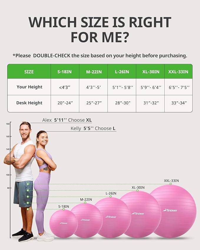 Trideer Yoga Ball Exercise Ball for Working Out, 5 Sizes Gym Ball, Birthing Ball for Pregnancy, Swiss Ball for Physical Therapy, Balance, Stability, Fitness, Office Ball Chair, Quick Pump Included