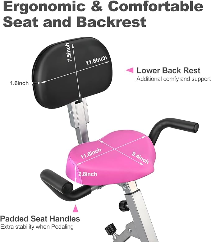 Folding Exercise Bike Portable Upright Adjustable Backrest Cycling Recumbent Stationary Bike Slim Indoor Workout Fitness Cardio Foldable Exercise Bicycle Machine with Pulse Sensor LCD Monitor Arm Resistance Bands