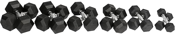 Signature Fitness Premium Rubber Coated Hex Dumbbell Weight Set, Multiple Packages