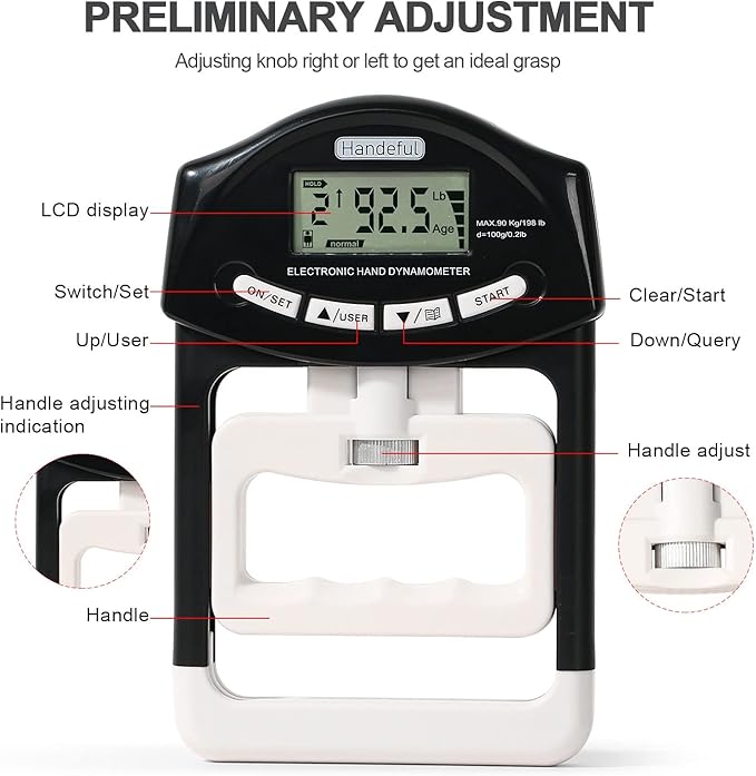 Handeful Grip Strength Tester Trainer - Dynamometer Handgrip Measurer Meter, Handheld Strengthener Exerciser for Sports, School, and Home Use (198Lbs / 90Kgs)