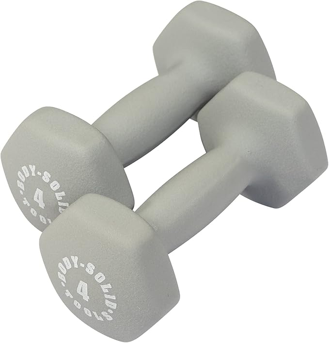 Body-Solid Tools (BSTND4PR) Neoprene Dumbbell for Weight and Aerobic Training, Pilates & Physical Therapy, Hand Weights Set for Women, Free Weights Hex End Dumbbells, Light Grey, 4lbs. Pair