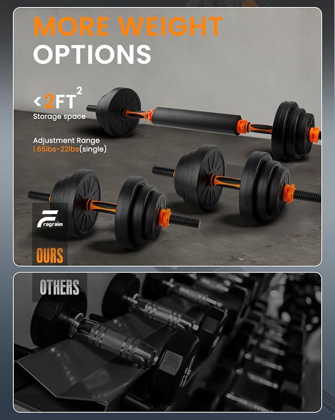 Fragraim Adjustable Dumbbells, 44 lbs Free Weights Dumbbells Set with Upgraded Nut, Weight Set for Home Gym, 4 in1 Used as Barbell, Kettlebells, Push up Stand, Workout, Suitable Men/Women