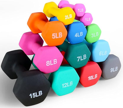 Signature Fitness Neoprene Dumbbell Hand Weights, Anti-Slip, Anti-roll, Hex Shape Colorful, Pair or Set with Stand