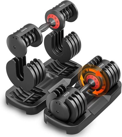 VEICK 25/55 lbs Adjustable Dumbbell, Fast Adjust Weight Dumbbell with Anti-Slip Turning Handle for Men Women, Black Dumbbell with Tray for Home Gym Full Body Workout Fitness