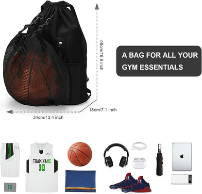 Drawstring Backpack 1 Pack Basketball Gym Bag with Hidden Folding Ball Mesh Bag Sport Equipment Bag for Soccer Volleyball Baseball Softball Football Yoga (Black)