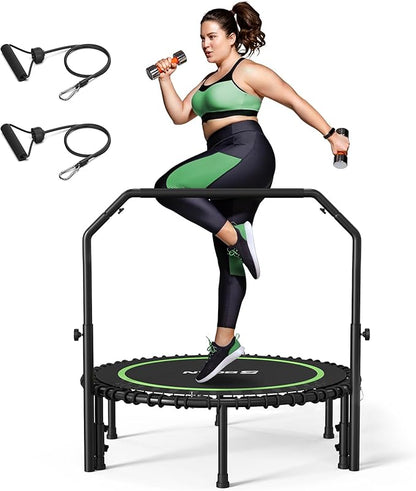 BCAN 40"/48" Foldable Mini Trampoline with Resistance Band, 450 LBS Fitness Trampoline with Bungees, U Shape Adjustable Foam Handle, Stable & Quiet Exercise Rebounder for Adults Indoor/Garden