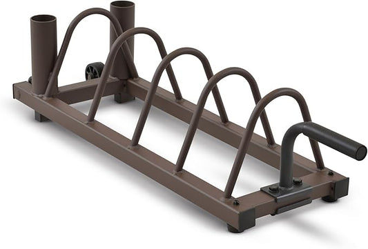 Steelbody Horizontal Plate and Olympic Bar Rack Organizer with Steel Frame and Transport Wheels STB-0130, brown 41”L x 11”W x 9.5”H