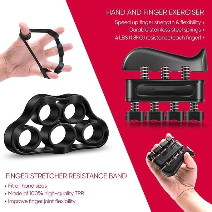 Hand Grip Strengthener Workout Kit, 5 Pack, Adjustable Resistance Grips and Stress Balls, Black