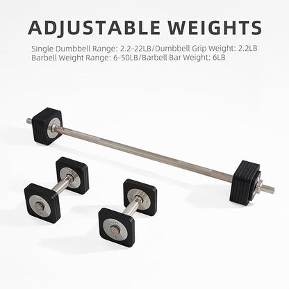 DHT Adjustable Dumbbells, Dumbbell Barbell Sets with Rack, Free Weights Dumbbells Set All-Purpose Fitness, Anti-Rolling, Weights Set for Home, Gym, Office, Wall-Mounted, 2.2-50 lbs, 1 Set / 2 in 1