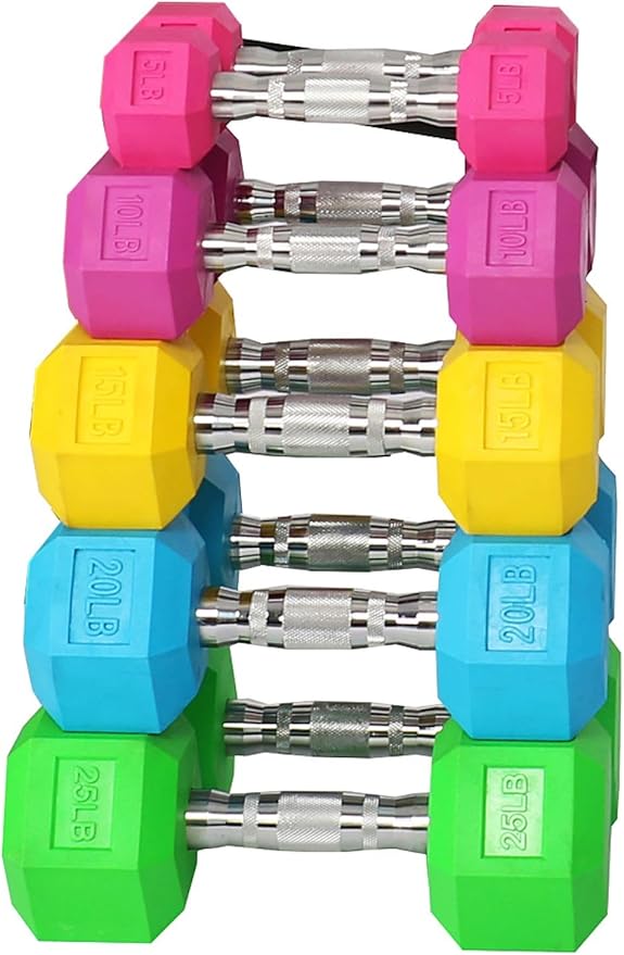 Signature Fitness Colored Rubber Coated Hex Dumbbell Weight Set,Multiple Packages