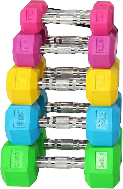 Signature Fitness Colored Rubber Coated Hex Dumbbell Weight Set,Multiple Packages