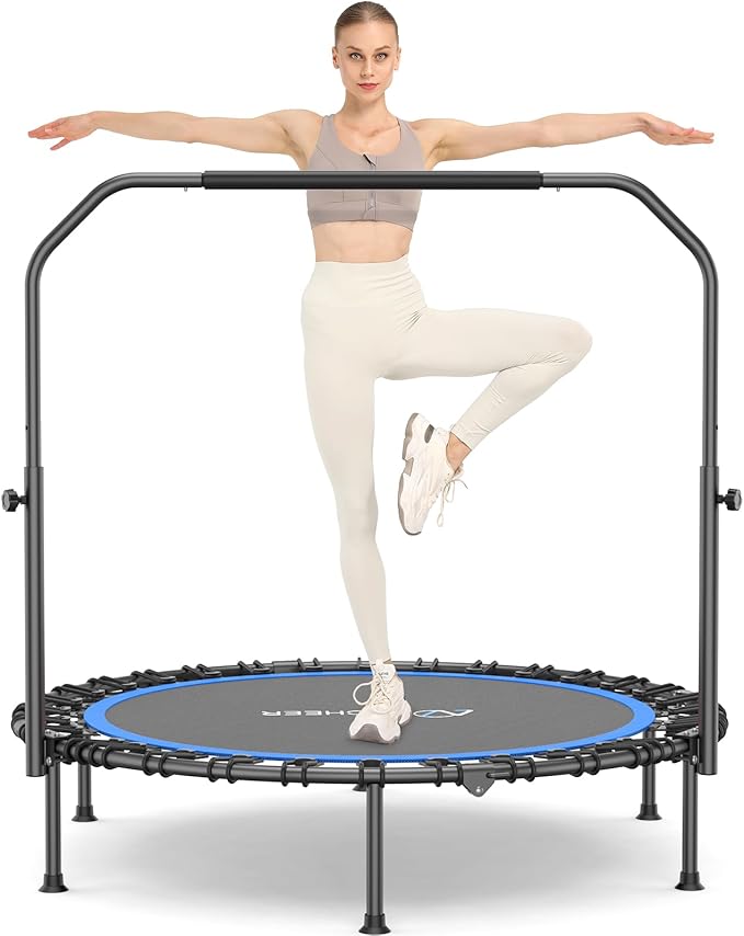 ANCHEER 40/48" Foldable Mini Trampoline,550LBS Max Load,Rebounder Trampoline for Adults with Adjustale Foam Bar&Resistance Ropes,Upgraded Bungee Cords,Fitness Trampoline Indoor/Outdoor