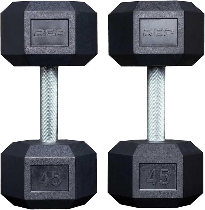 Rep Fitness Rubber Hex Dumbbell(s) - Singles (55LB +) and Pairs (5LB - 50LB) - Low Odor, Fully Knurled Handle